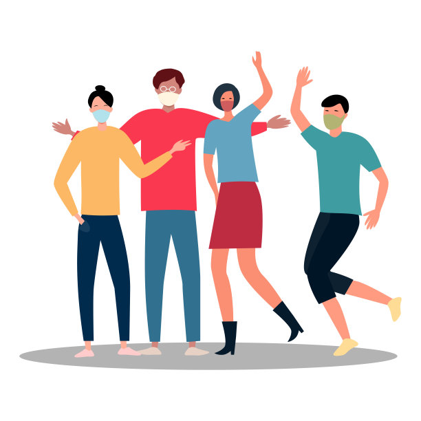 在隔离期间戴着口罩的快乐朋友，无论如何都是伟大的设计。冠状病毒预防。卡通矢量插图。图片下载