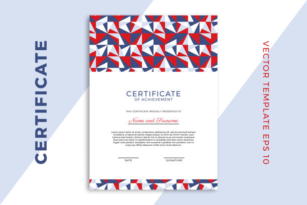垂直商业文凭模拟毕业或课程完成。具有抽象几何图案的爱国主义鉴赏证书模板设计。矢量背景EPS 10图片下载