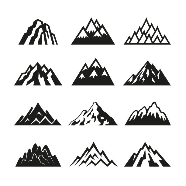 孤立的山的轮廓图标。峰顶极山，平地黑山水山，模版切。抽象的摇滚，矢量的冒险符号图片下载