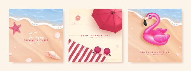 一套美丽的方形横幅设计模板与现实的夏季元素在海滩的背景。矢量图图片下载