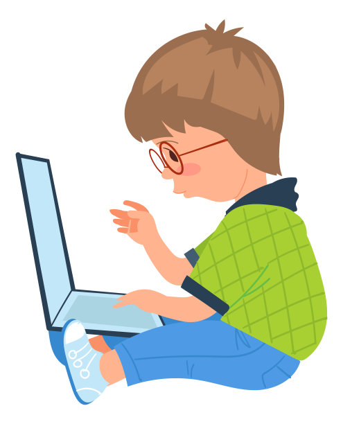 戴眼镜的男孩在笔记本电脑上工作。有电脑的聪明孩子图片下载