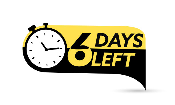 6天了。带有剩余天数的向量纹章。标签，蓝色闹钟平带，促销图标，最好的交易符号矢量插图图片下载