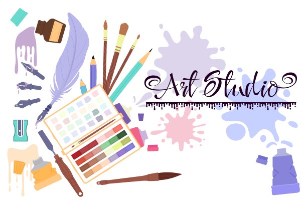 艺术工作室横幅。图形学校网站宣传页，疯狂设计师和艺术家班海报模板。画廊，油漆工具和下降体面的矢量背景图片下载
