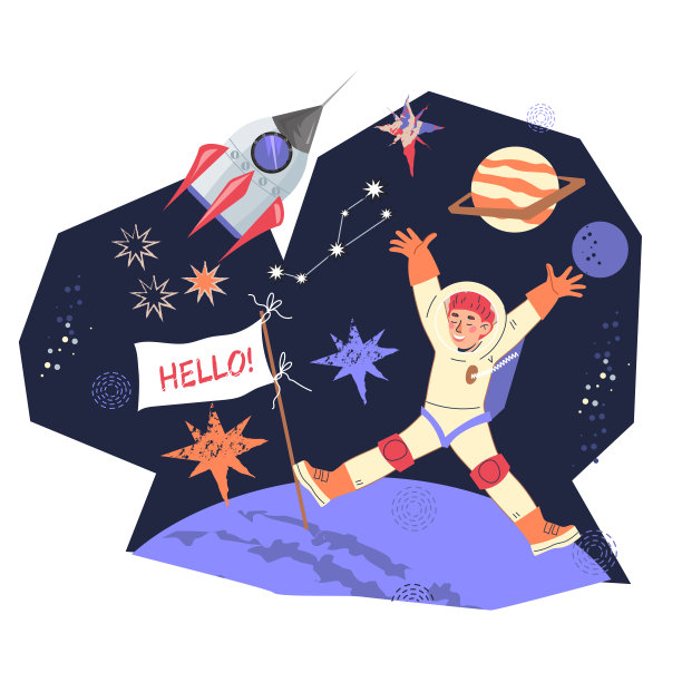 太空旗帜与有趣的儿童宇航员在行星上，平面矢量插图孤立。图片下载