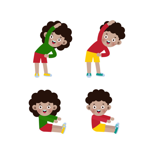一套非裔美国孩子锻炼，孩子锻炼，孩子锻炼，快乐的孩子锻炼可爱的卡通平面设计孤立在白色背景矢量插图。图片下载