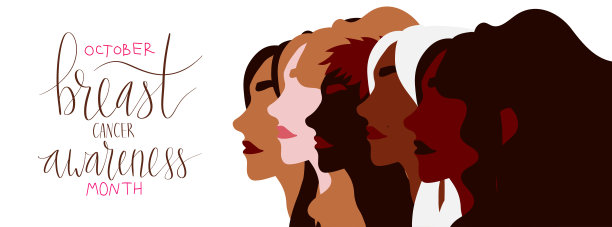 十月乳腺癌宣传月活动网页横幅。多民族多元女性团体插图。手写字体向量图片下载