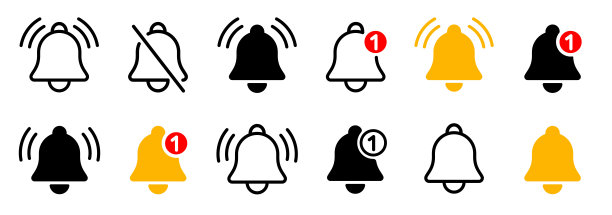 通知铃图标设置。进入收件箱的信息。新的消息通知图标集合。铃声和通知时钟和智能手机，警报提醒。矢量图图片下载