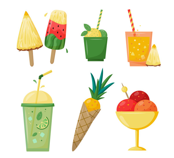 夏天的饮料和冰淇淋。一套贴纸，补丁，徽章，别针。明亮的夏天收集。剪贴簿元素的海滩派对，咖啡馆或酒吧菜单。孤立在白色的。图片下载
