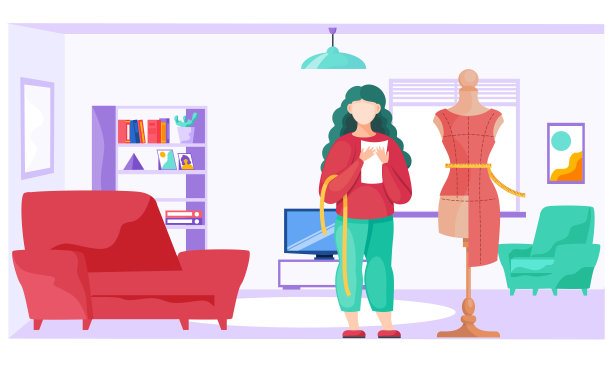 与设计师或女裁缝根据服装式样进行缝纫。女孩在家做衣服图片下载