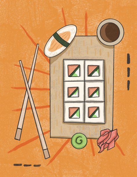 亚洲食物卷和寿司卡通插图的工艺海报图片下载