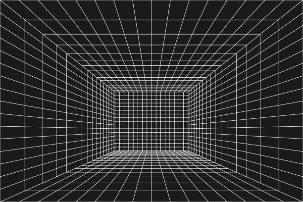 透视线框格室。内部数字盒，网格隧道几何黑色背景。网络的网络技术。矢量插图。图片下载