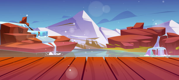 山谷中的瀑布和木栈桥图片下载