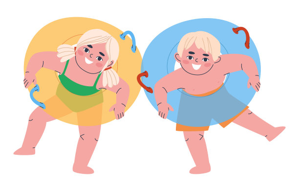 儿童-一个男孩和一个女孩在泳装和充气游泳圈跳跃。平面向量插图。图片下载