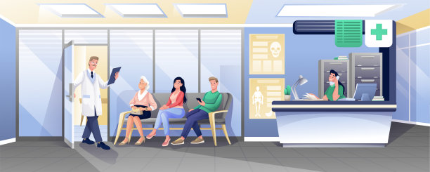 医生邀请病人进入医务室。医院，诊所的场景。治疗师等待来访者的医疗预约，咨询。医药、医疗保健的概念。向量人物插图。图片下载