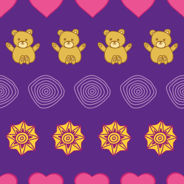 条纹无缝图案与泰迪熊，星星和心在一排。图片下载