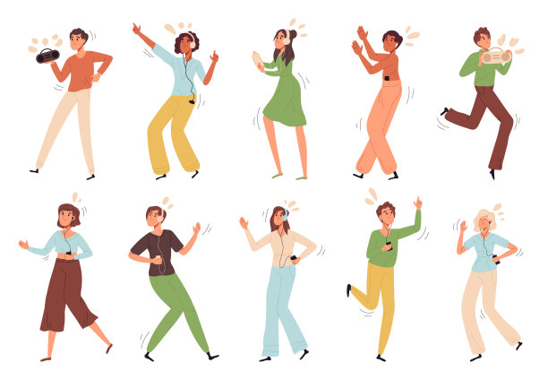 人们听着音乐，男男女女戴着耳机跳舞。人物听喜爱的歌曲与耳机平面矢量插图集。快乐的音乐爱好者图片下载