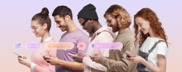 多样化的年轻人使用社交媒体应用程序或手机messenger图片下载