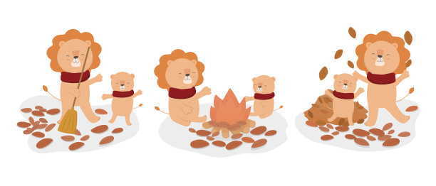 狮子和熊与秋天的元素在白色的背景图片下载