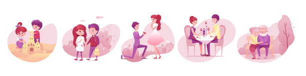 情侣的爱情场景设定，男孩和女孩建造沙堡，散步，求婚图片下载