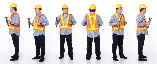 全长60年代50年代亚洲高级男子行业工程师承包商，360前，侧，后，后图片下载