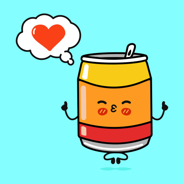 可爱有趣的苏打水罐，带着泡泡做瑜伽。矢量手绘卡通卡哇伊人物插图图标。孤立在蓝色背景上。汽水罐头在爱情中的人物概念图片下载