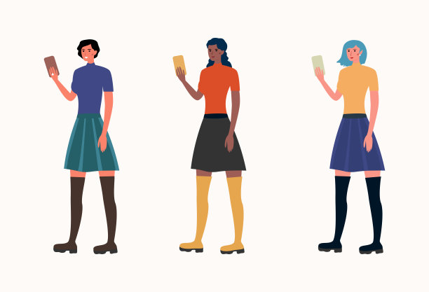 时髦的年轻女性博主带着手机，是时尚生活方式的绝佳选择。卡通平面向量。图片下载