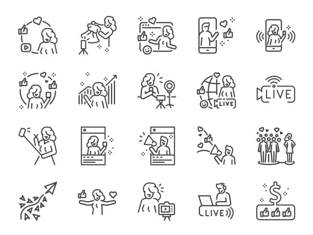 影响者线图标设置。包括作为美妆博主，广告，社交媒体，病毒营销等图标。图片下载