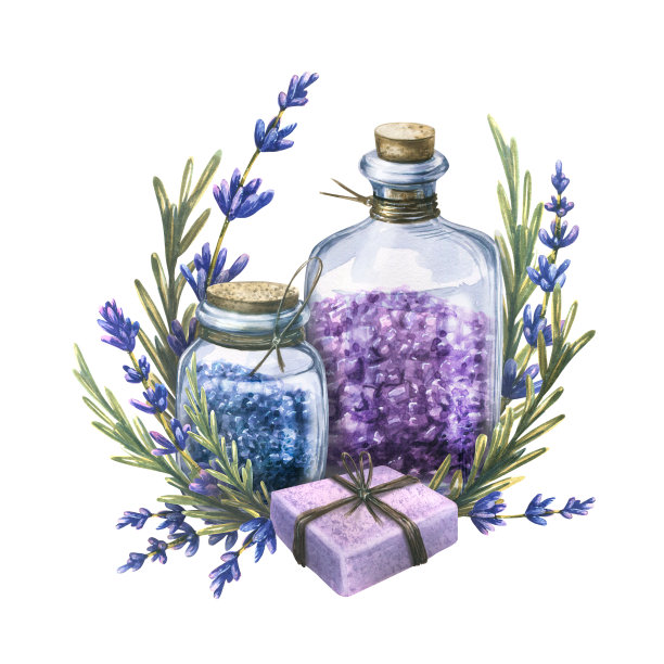 洗浴用化妆品，海盐和薰衣草香皂。水彩插图。组成一套大型薰衣草SPA。的标志。设计装潢、海报、明信片。图片下载