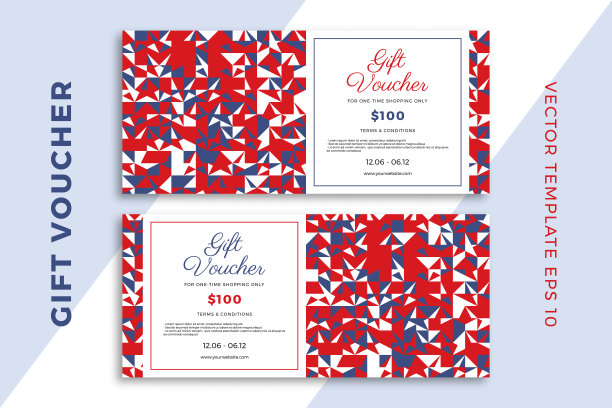 现代抽象礼品卡模板。带有抽象几何图案的爱国优惠券或证书模型。干净和简单的矢量编辑背景样本文本。EPS10图片下载