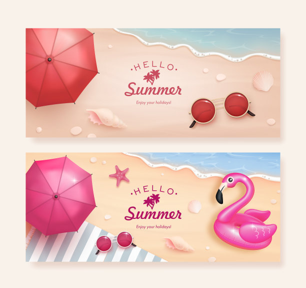 一套水平横幅与现实的夏季元素在海滩的背景图片下载