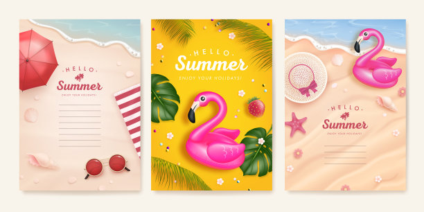 一套海报，横幅，封面或贺卡设计模板与现实的夏季元素在海滩的背景图片下载