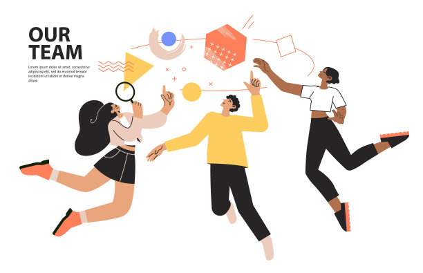 人们组织和探索抽象的几何形状，并围绕它们飞行。年轻男女收集数字，并组织他们解决问题。成功团队协作，共同工作理念，创意项目。图片下载