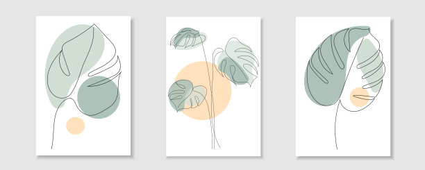 一幅画着热带树叶的线条画上了怪物。现代波西米亚单线艺术。颜色图片下载