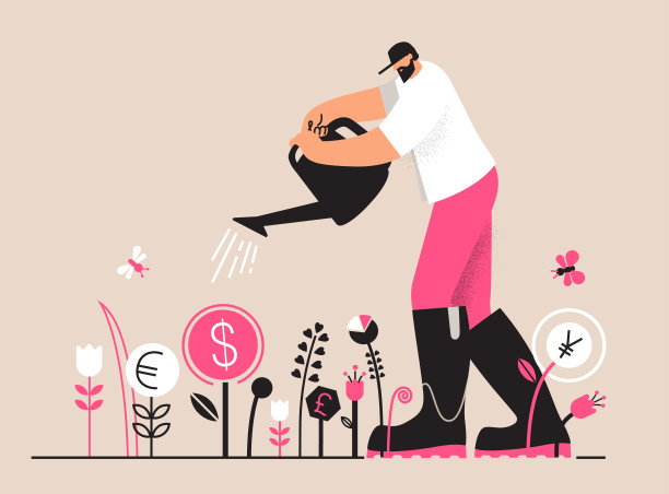 园丁在花园里给美元、欧元等植物浇水。现代投资和货币增长。成功的理财投资理念。目标达成和收入增长。投资，利润增长，财务知识。时髦的平面矢量插图图片下载