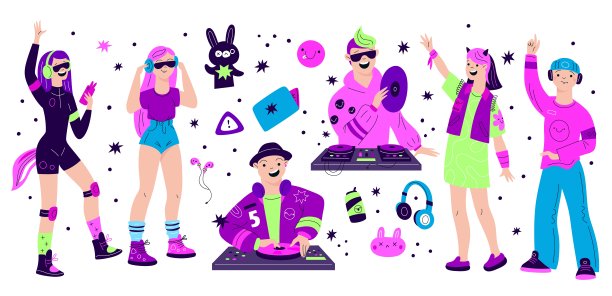 DJ派对的人。带着耳机和唱机转盘的迪斯科音乐家。迪斯科俱乐部舞者。混音器和控制器。黑胶唱片。跳舞的男人和女人。音乐节目主持人。花哨的向量组图片下载