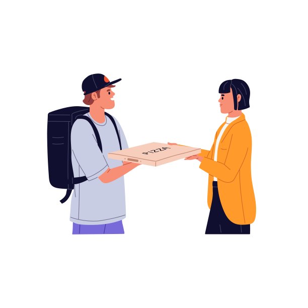 披萨外卖服务。快递员给外卖盒饭，给女人点餐。顾客收到送餐员送的外卖。平面矢量插图孤立在白色背景上图片下载