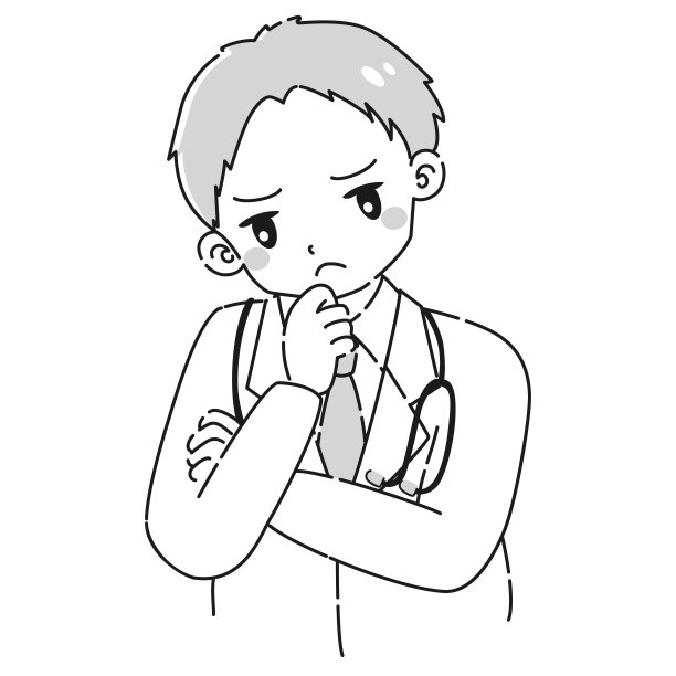 一名穿着白大褂的男子正在思考(拿着听诊器)的插图图片下载