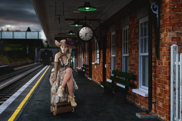 当火车驶近车站时，穿着蒸汽朋克服装的漂亮女人坐在她的手提箱上。3 d演示。图片下载