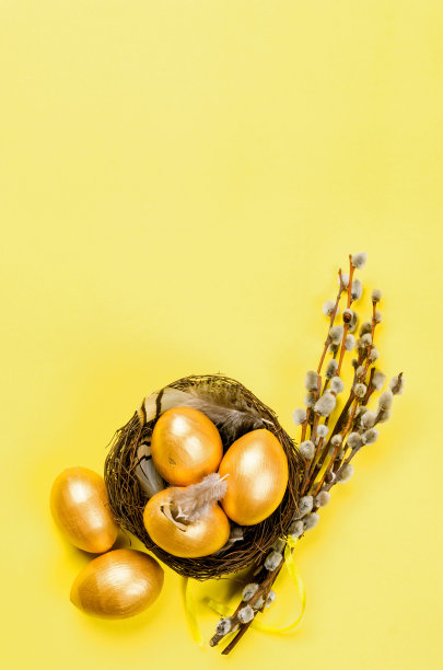 复活节用金装饰蛋上的巢黄图片下载