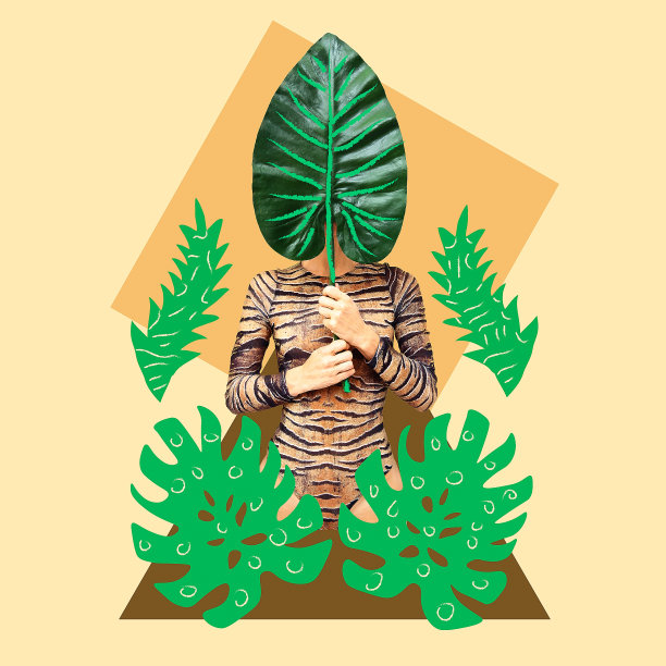 当代最小拼贴艺术。热带的时尚女孩。热爱大自然的人的概念图片下载