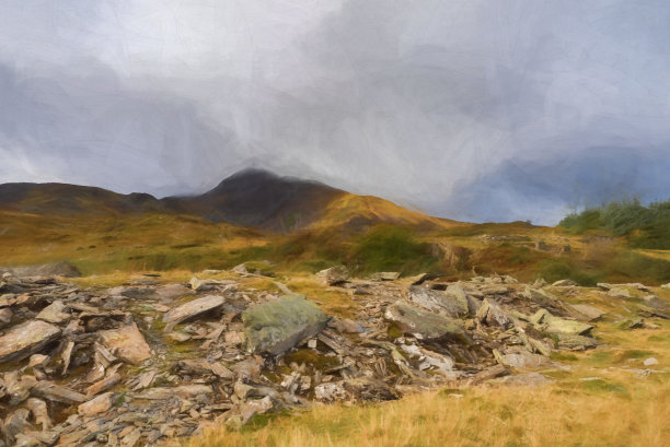 威尔士斯诺登尼亚国家公园卡佩尔库里废弃的罗斯石板采石场的数字绘画图片下载