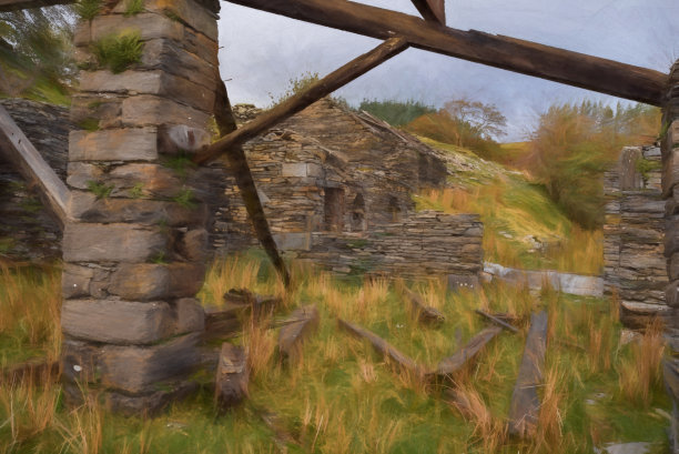 威尔士斯诺登尼亚国家公园卡佩尔库里废弃的罗斯石板采石场的数字绘画图片下载