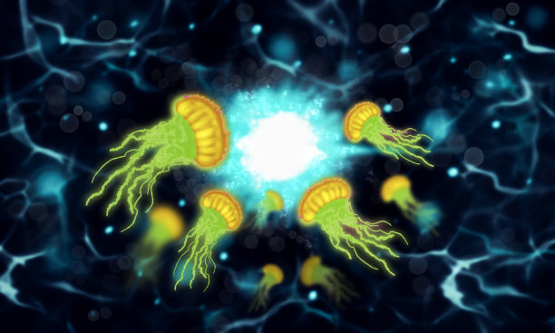 金色的水母和白色的光线，抽象幻想的背景图片下载