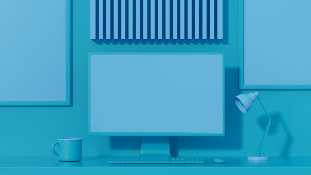 空的电脑屏幕显示器和蓝色背景的框架，最小的概念图片下载