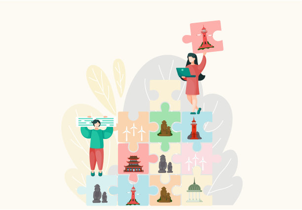 迷惑著名的地标。年轻人组合出一个具有不同吸引力的拼图图片下载