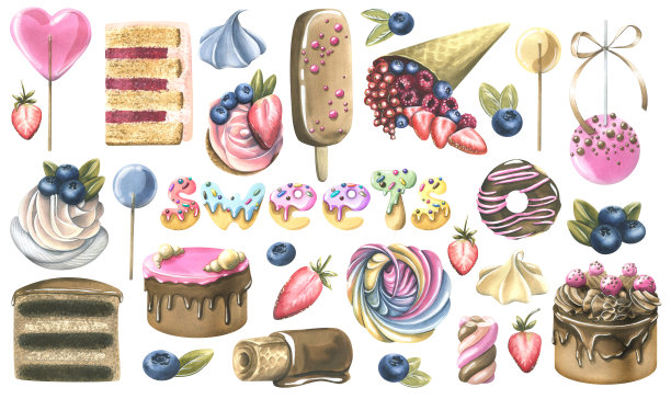 一大套糖果。蛋糕、糕点、蛋白霜、浆果。水彩插图。用于装饰设计、菜单、图案、横幅、广告、食品博客、标志、糖果等业务。图片下载