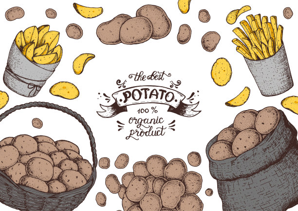 土豆矢量插图。一盒一袋的土豆。炸薯条，土制土豆和手绘薯片。雕刻风格的插图。包装设计。图片下载