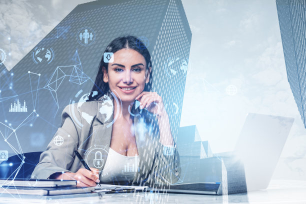 女商人在虚拟世界的数字界面观看全息图图片下载