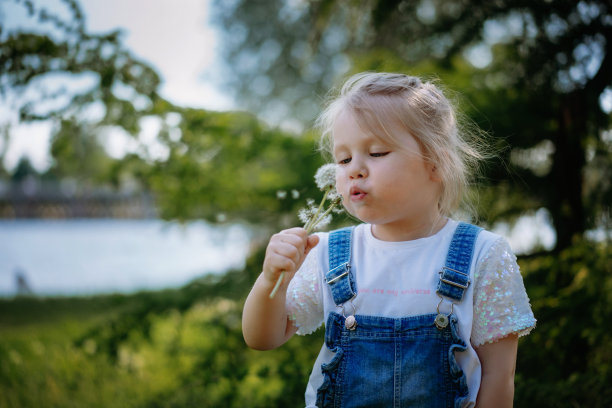 美丽的小女孩在夏日公园的夕阳下吹走蒲公英种子。选择性聚焦图像图片下载
