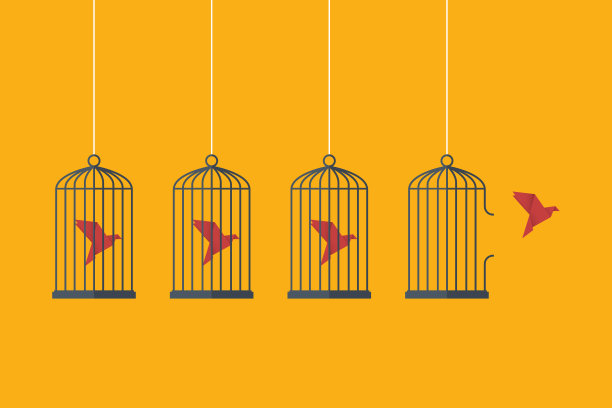 会飞的鸟和笼子。自由的概念。自由和幸福的情感。极简主义的风格。图片下载